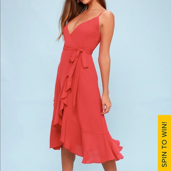 Women’s Lulus Manhattan Moment Berry Pink Ruffled Midi Wrap Dress - Picture 3 of 9